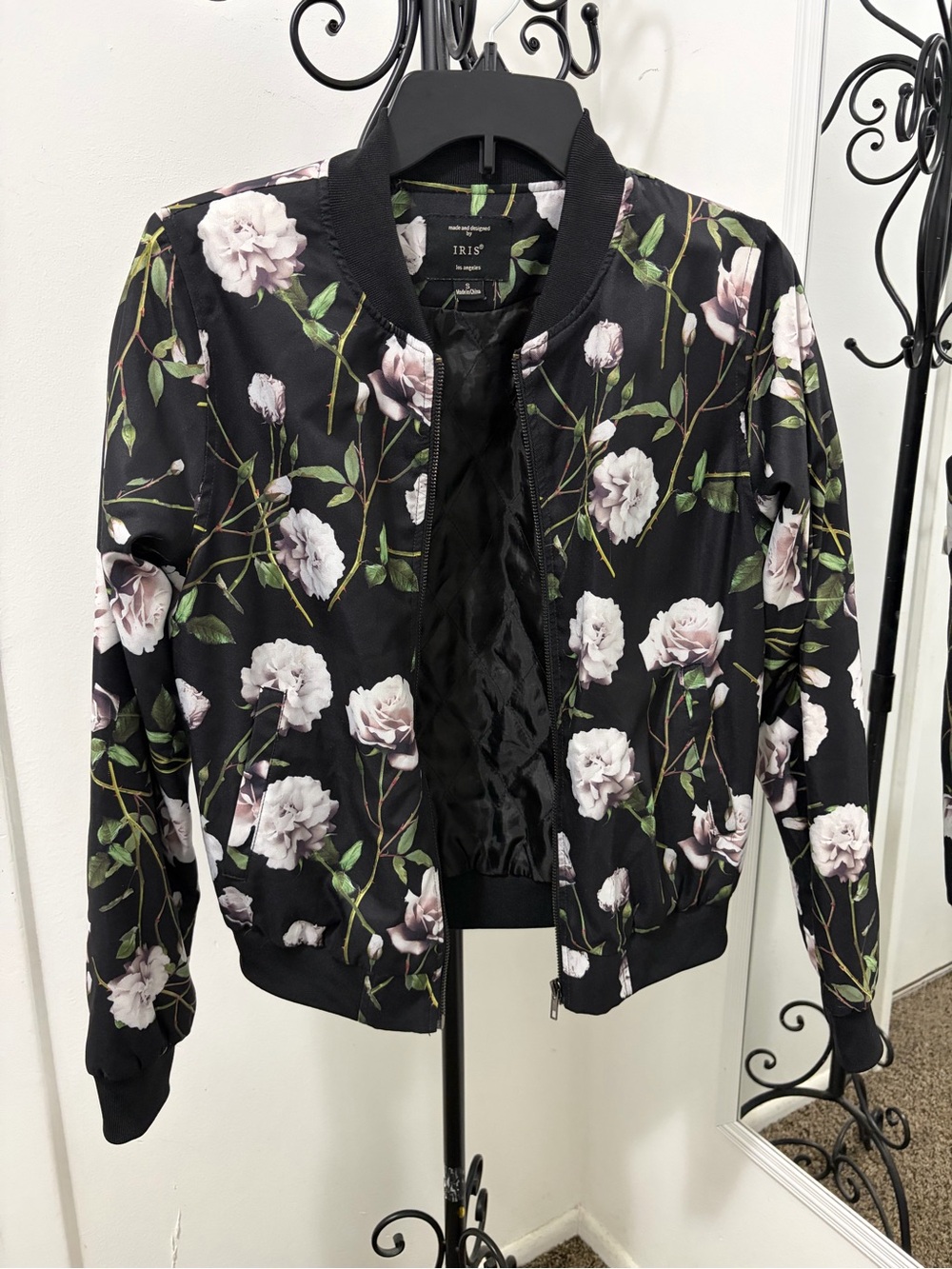 iris Black Floral Bomber Jacket with Pale Pink Roses